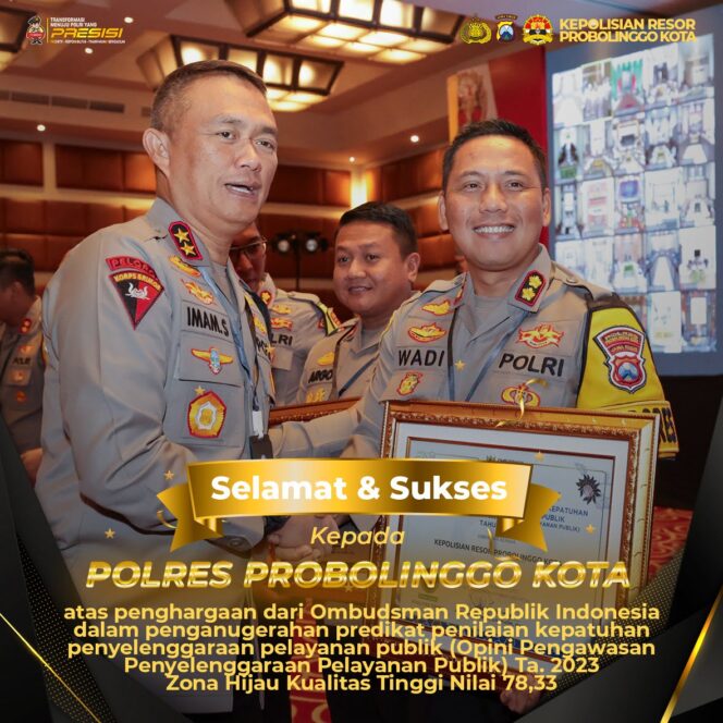 
Polres Probolinggo Kota Raih Penghargaan Penganugerahan Predikat Penilaian Kepatuhan dari Ombudsman RI