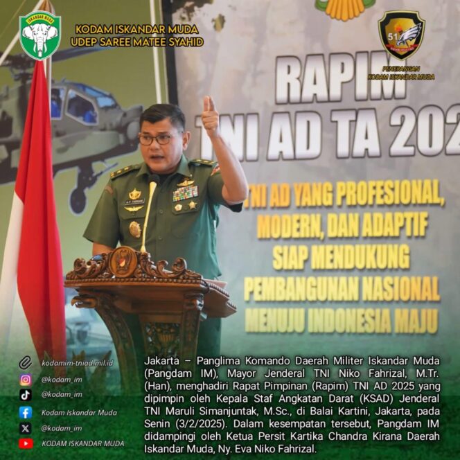 
					Rapim TNI-AD 2025,  Kodam Iskandar muda  siap Dukung Program Ketahanan Pangan Nasional.