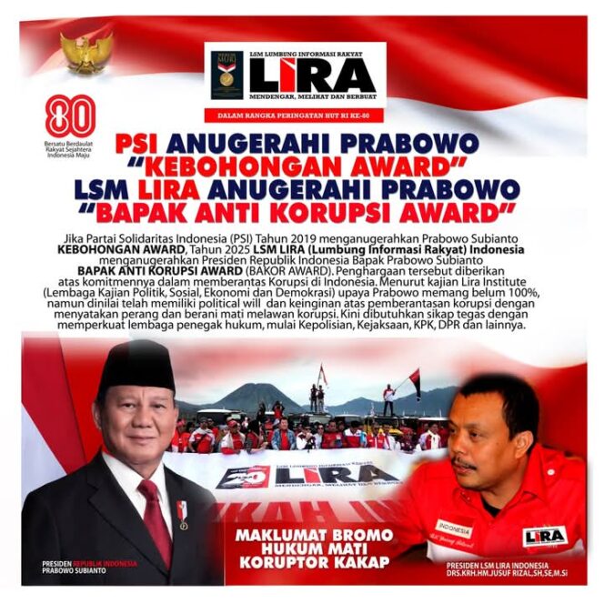 
LSM LIRA Nobatkan Prabowo Bapak Anti Korupsi, Balikkan Stigma PSI