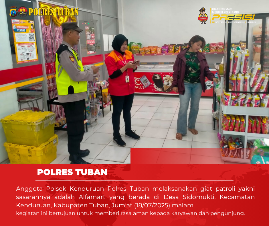 Patroli Rutin Di Alfamart, Polisi Polsek Kenduruan Polres Tuban Sampaikan Pesan Kamtibmas Kepada Karyawan