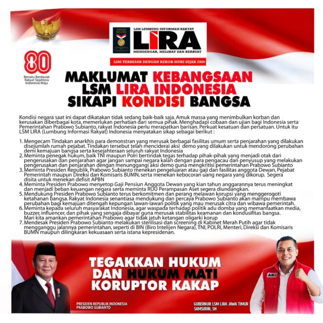 
LSM LIRA Serukan Hukuman Mati Koruptor, Dukung Pemerintahan Prabowo