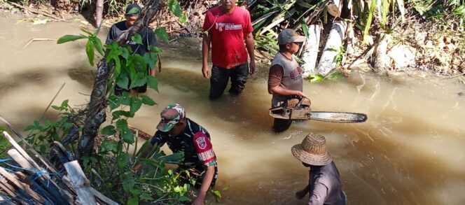 Babinsa Serka Irwan Yuliadi Bersama Warga Evakuasi Pohon Tumbang di Sungai Labuan Amas Selatan