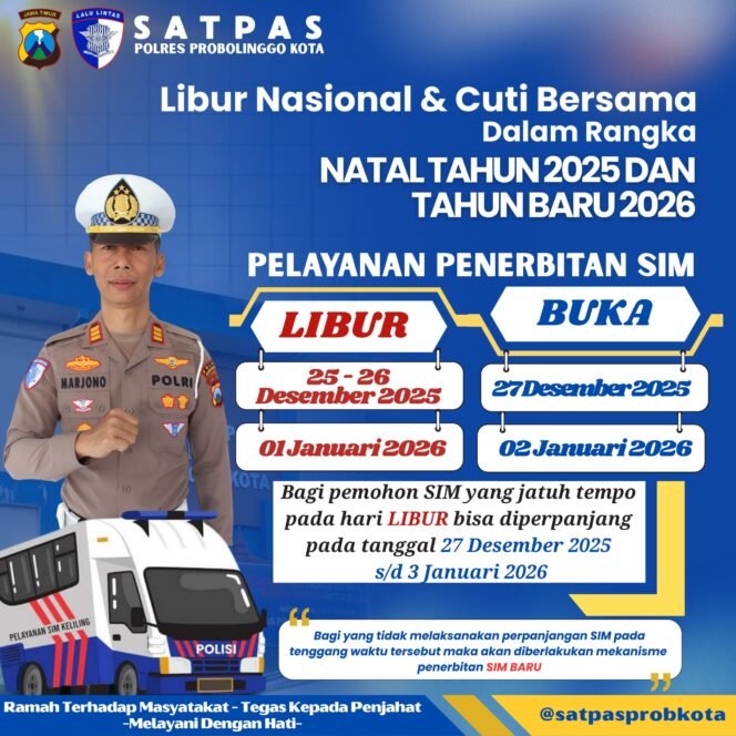 
Catat Jadwalnya, Perpanjangan SIM di Probolinggo Kota Tetap Dilayani Selama Masa Tenggang Nataru