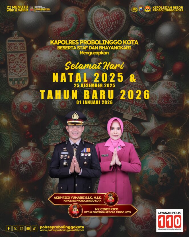 
Kapolres Probolinggo Kota AKBP Rico Yumasri Sampaikan Ucapan Natal 2025 dan Tahun Baru 2026, Tegaskan Komitmen Polri yang Presisi
