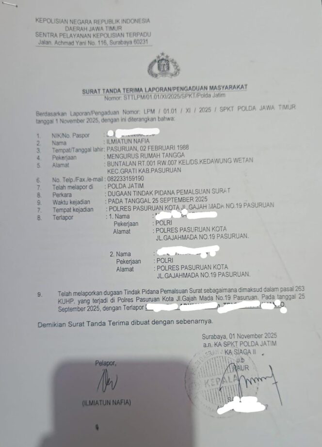 
Diduga Palsukan Surat Kasus Penganiayaan, Dua Oknum Polisi Pasuruan Dilaporkan ke Polda Jatim