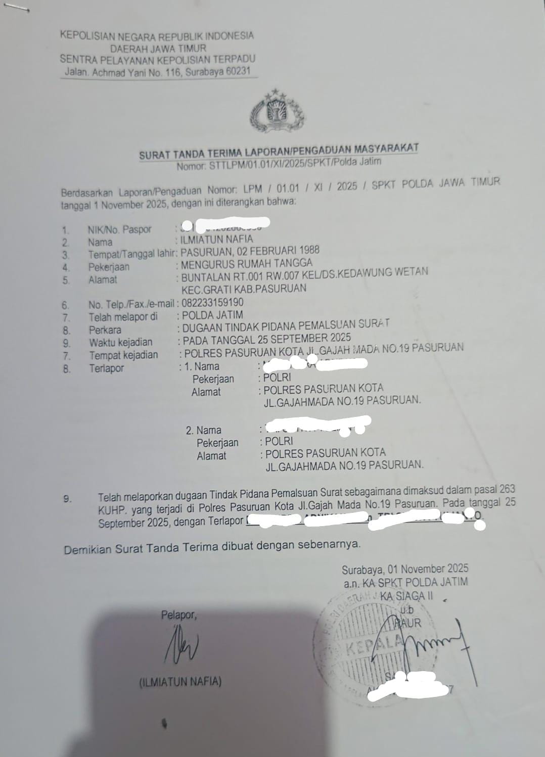 Diduga Palsukan Surat Kasus Penganiayaan, Dua Oknum Polisi Pasuruan Dilaporkan ke Polda Jatim