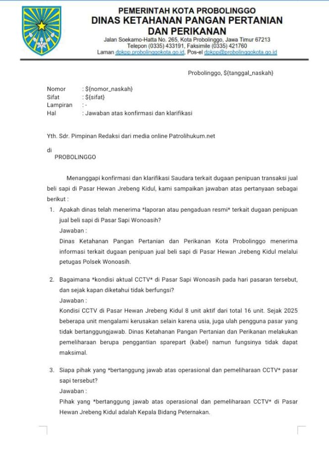 
DKPPP Kota Probolinggo Klarifikasi Dugaan Penipuan Pasar Sapi Wonoasih, Akui CCTV Tak Berfungsi Optimal
