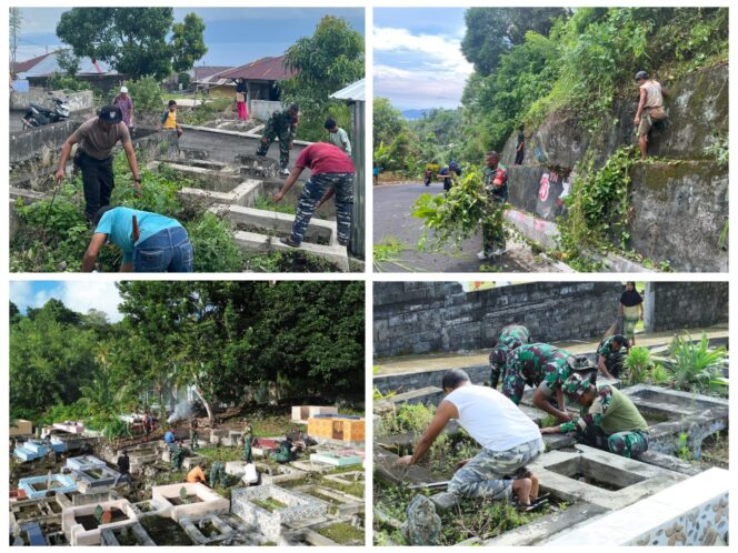
Ramadhan Penuh Kepedulian, Anggota Koramil 1505-01/Tidore dan Warga Kompak Bersihkan Makam dan Jalan