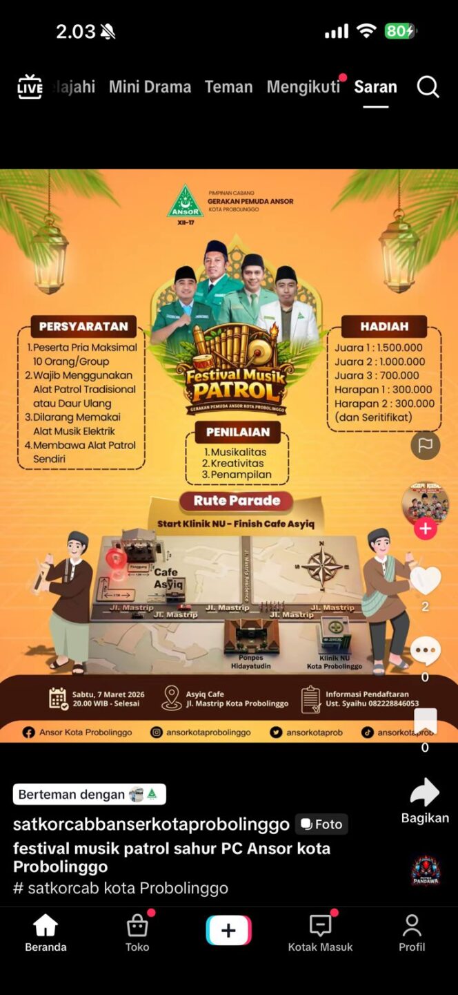 
Gerakan Pemuda Ansor Kota Probolinggo Gelar Festival Musik Patrol, Ketua Salamul Huda: Lestarikan Tradisi, Perkuat Ukhuwah Pemuda