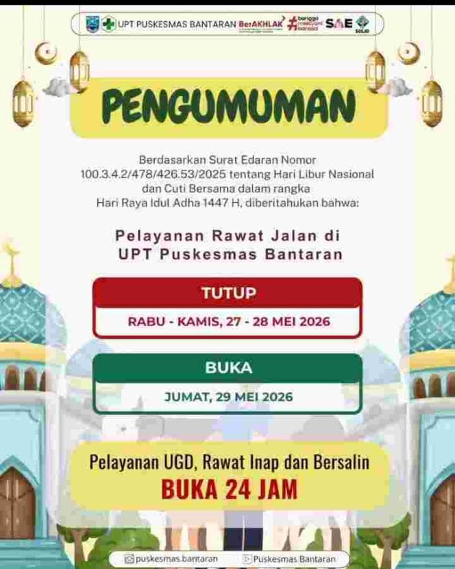 
Libur Idul Adha 1447 H, Puskesmas Bantaran Tutup Layanan Rawat Jalan Dua Hari