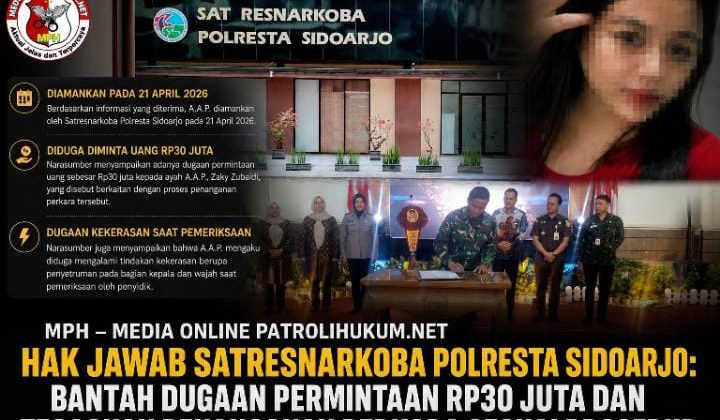 Hak Jawab Satresnarkoba Polresta Sidoarjo: Bantah Dugaan Permintaan Rp30 Juta dan Tegaskan Penanganan Perkara Sesuai Prosedur