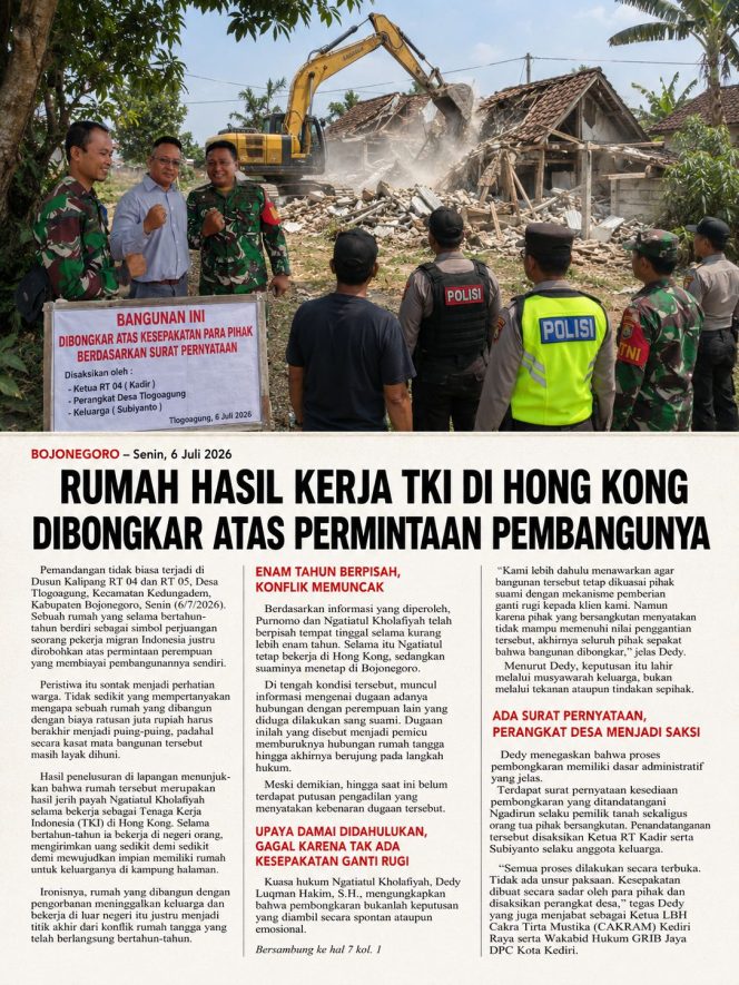 
Eksklusif: Mengapa Rumah Hasil Keringat TKI Hong Kong Harus Dihancurkan? Mengungkap Fakta di Balik Pembongkaran yang Menghebohkan Bojonegoro